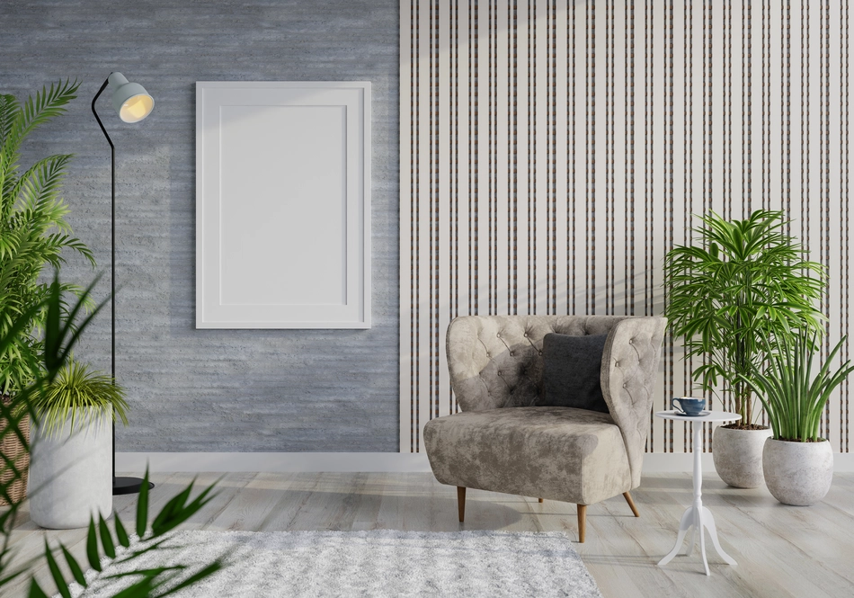 Photograph of a living room in a log cabin Fabric Wall Panelling